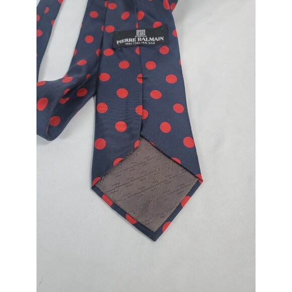 PIERRE BALMAIN Paris Luxury Men's 100% Italian Silk Tie Blue Red Dots - Picture 8 of 9